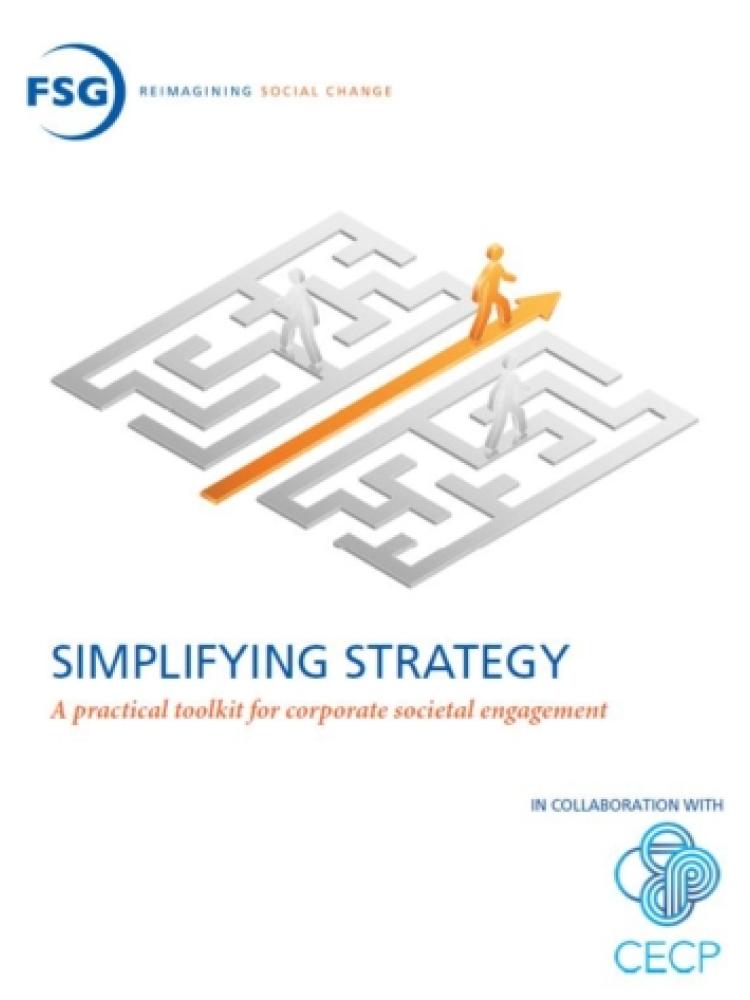 Cover image for the report Simplifying Strategy which features logos for the publications and a person taking the easiest strategic way through a maze.